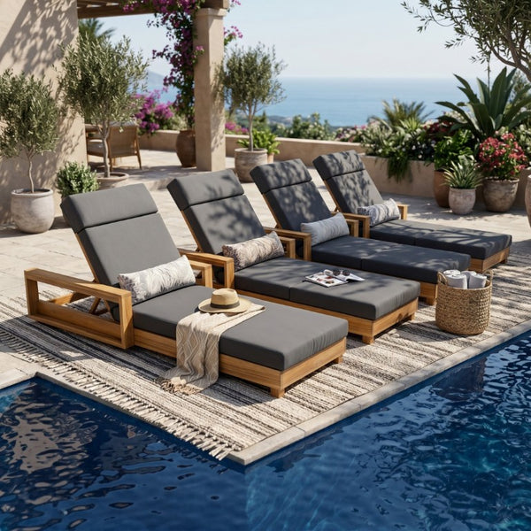 English Elm Black Iron Teak Patio Chaise Lounge with Adjustable Backrest and Thick Cushion Included Dark Grey / Light Natural 76.77 L x 33.46 W x 34.9 H N770P484211L_N770P285267G