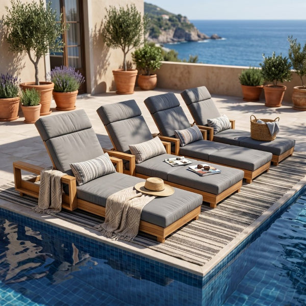English Elm Black Iron Teak Patio Chaise Lounge with Adjustable Backrest and Thick Cushion Included Dark Grey / Light Natural 76.77 L x 33.46 W x 34.9 H N770P484211L_N770P285267G