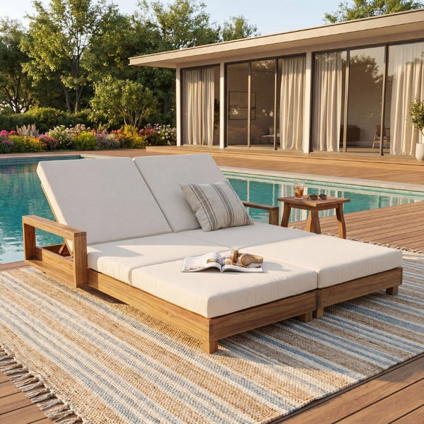 English Elm Light Acacia Hardwood Oval Patio Table with Slatted Base for Outdoor Garden Dining Cream 3-Fold Cushions N770P491322L_N770P208317C