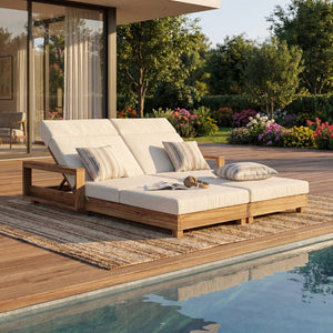 English Elm Light Acacia Hardwood Oval Patio Table with Slatted Base for Outdoor Garden Dining Beige 4-Fold Cushions N770P491322L_N770P285267B