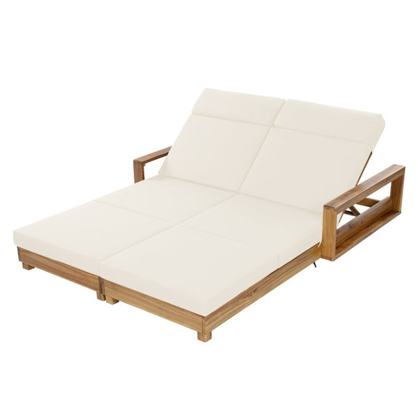 English Elm Light Acacia Hardwood Oval Patio Table with Slatted Base for Outdoor Garden Dining Beige 4-Fold Cushions N770P491322L_N770P285267B