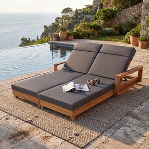 English Elm Double Acacia Hardwood Outdoor Chaise Lounge for Two with Adjustable Recline Cushioned N770P491322L_N770P285267G