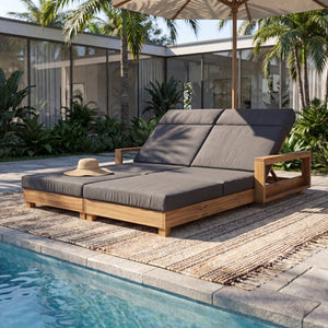 English Elm Double Acacia Hardwood Outdoor Chaise Lounge for Two with Adjustable Recline Cushioned N770P491322L_N770P285267G
