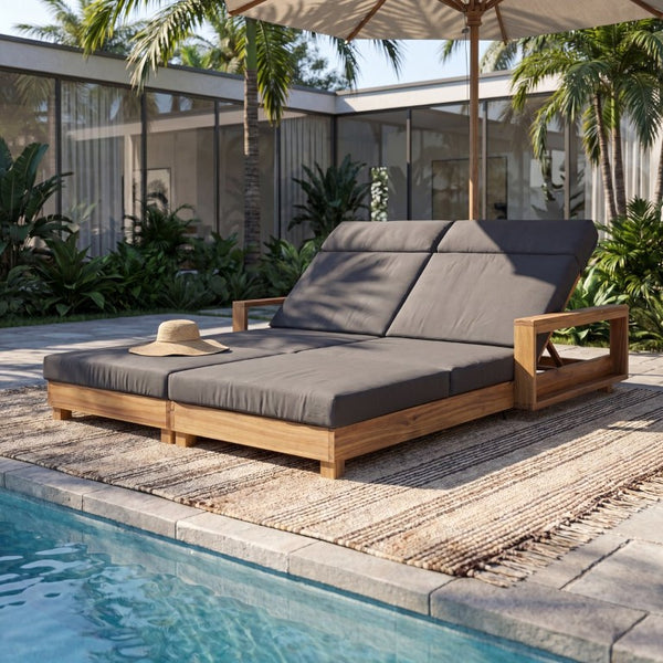 English Elm Double Acacia Hardwood Outdoor Chaise Lounge for Two with Adjustable Recline Cushioned N770P491322L_N770P285267G