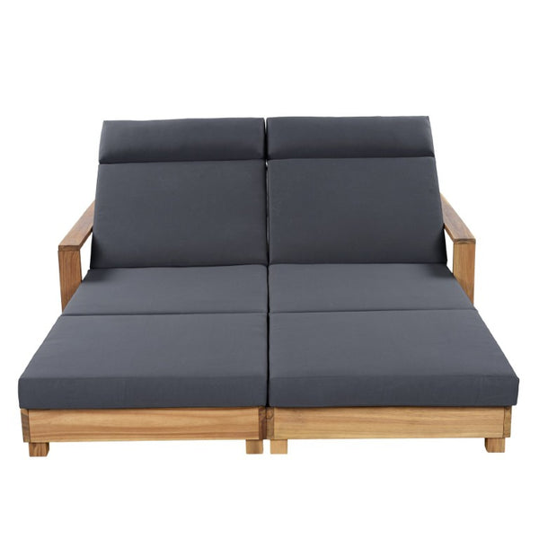 English Elm Double Acacia Hardwood Outdoor Chaise Lounge for Two with Adjustable Recline Cushioned N770P491322L_N770P285267G