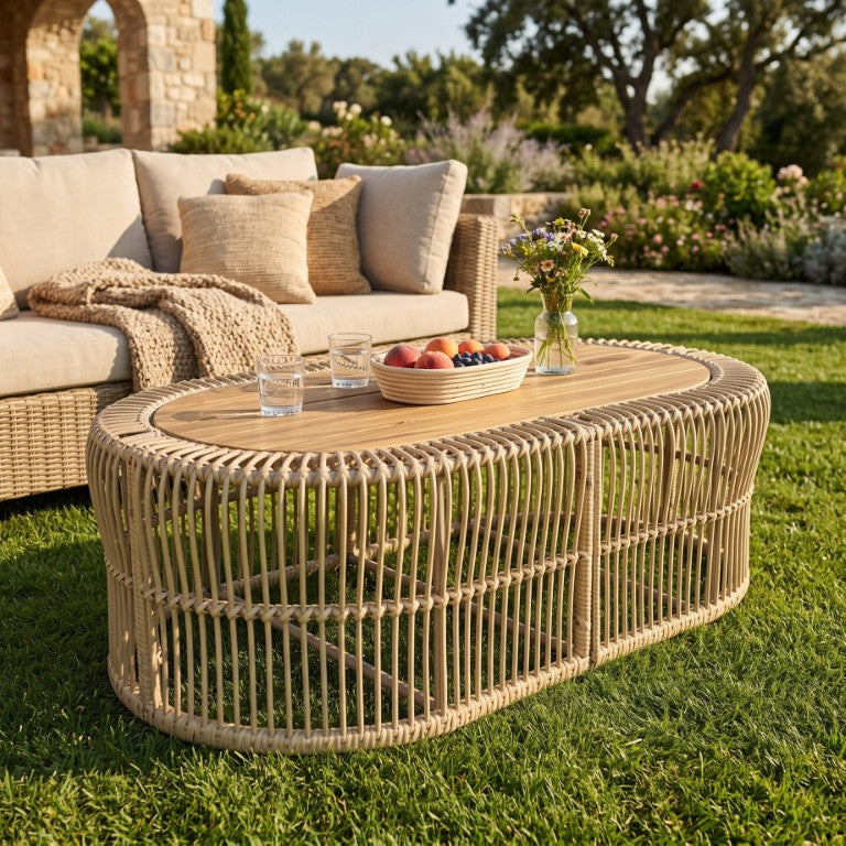English Elm Oval Wicker Coffee Table Handwoven Boho Frame with Acacia Wood Top for Indoor Outdoor N770P504084L