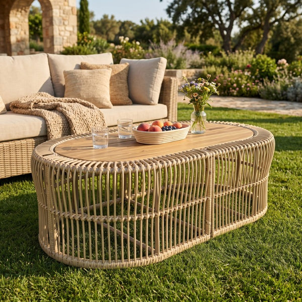 English Elm Oval Wicker Coffee Table Handwoven Boho Frame with Acacia Wood Top for Indoor Outdoor N770P504084L