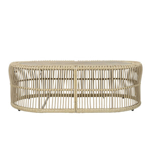 English Elm Oval Wicker Coffee Table Handwoven Boho Frame with Acacia Wood Top for Indoor Outdoor N770P504084L