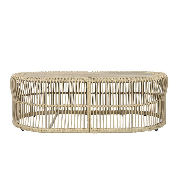 English Elm Oval Wicker Coffee Table Handwoven Boho Frame with Acacia Wood Top for Indoor Outdoor N770P504084L