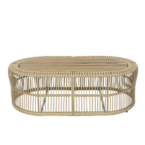 English Elm Oval Wicker Coffee Table Handwoven Boho Frame with Acacia Wood Top for Indoor Outdoor N770P504084L