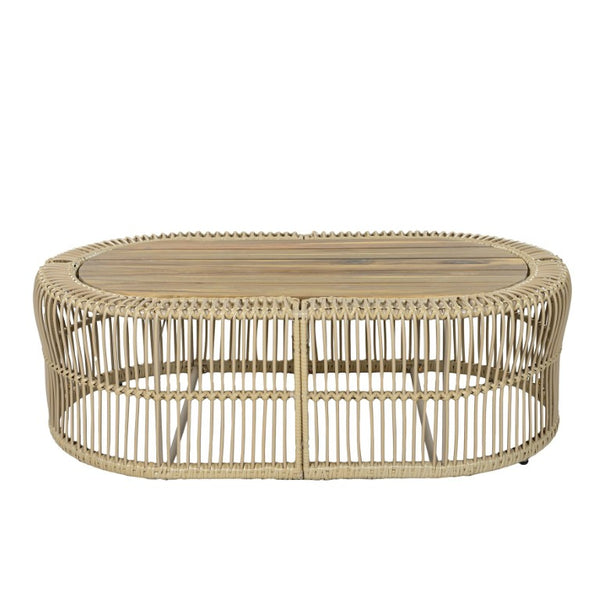 English Elm Oval Wicker Coffee Table Handwoven Boho Frame with Acacia Wood Top for Indoor Outdoor N770P504084L
