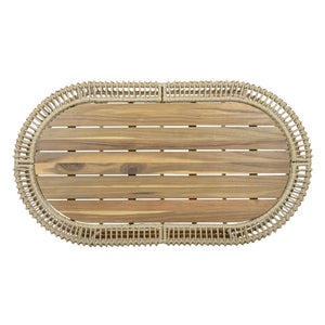 English Elm Oval Wicker Coffee Table Handwoven Boho Frame with Acacia Wood Top for Indoor Outdoor N770P504084L