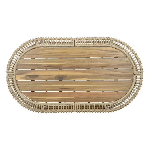 English Elm Oval Wicker Coffee Table Handwoven Boho Frame with Acacia Wood Top for Indoor Outdoor N770P504084L