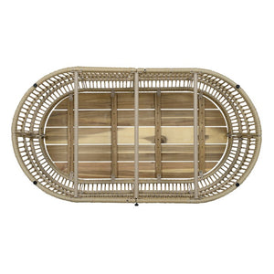 English Elm Oval Wicker Coffee Table Handwoven Boho Frame with Acacia Wood Top for Indoor Outdoor N770P504084L