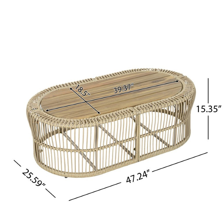 English Elm Oval Wicker Coffee Table Handwoven Boho Frame with Acacia Wood Top for Indoor Outdoor N770P504084L
