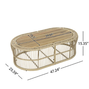 English Elm Oval Wicker Coffee Table Handwoven Boho Frame with Acacia Wood Top for Indoor Outdoor N770P504084L
