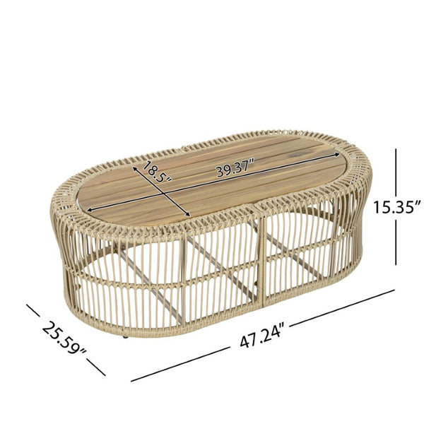 English Elm Oval Wicker Coffee Table Handwoven Boho Frame with Acacia Wood Top for Indoor Outdoor N770P504084L