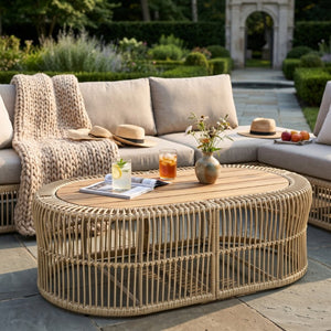 English Elm Oval Wicker Coffee Table Handwoven Boho Frame with Acacia Wood Top for Indoor Outdoor N770P504084L