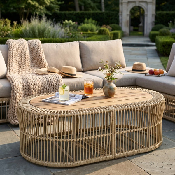 English Elm Oval Wicker Coffee Table Handwoven Boho Frame with Acacia Wood Top for Indoor Outdoor N770P504084L