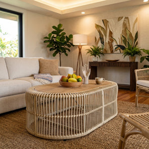 English Elm Oval Wicker Coffee Table Handwoven Boho Frame with Acacia Wood Top for Indoor Outdoor N770P504084L