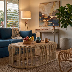English Elm Oval Wicker Coffee Table Handwoven Boho Frame with Acacia Wood Top for Indoor Outdoor N770P504084L