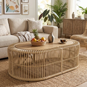 English Elm Oval Wicker Coffee Table Handwoven Boho Frame with Acacia Wood Top for Indoor Outdoor N770P504084L
