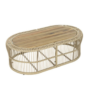 English Elm Oval Wicker Coffee Table Handwoven Boho Frame with Acacia Wood Top for Indoor Outdoor N770P504084L