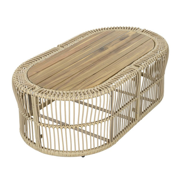 English Elm Oval Wicker Coffee Table Handwoven Boho Frame with Acacia Wood Top for Indoor Outdoor N770P504084L