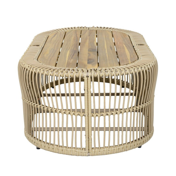 English Elm Oval Wicker Coffee Table Handwoven Boho Frame with Acacia Wood Top for Indoor Outdoor N770P504084L