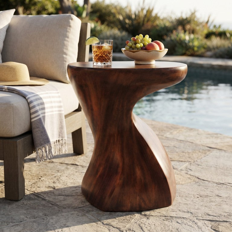 English Elm Twisted Sculptural MGO Accent Table Antique Brown Finish Indoor Outdoor Ready N770P507646A