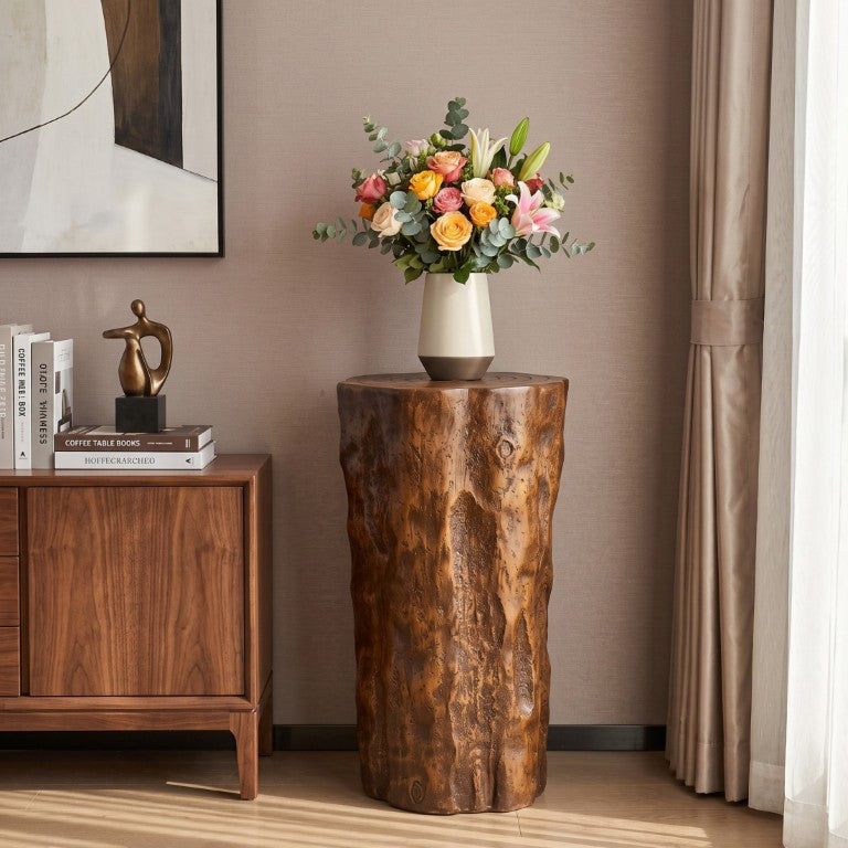 English Elm Antique Brown MGO Tree Stump Accent Table Indoor Outdoor Rustic Bark Texture N770P507658A
