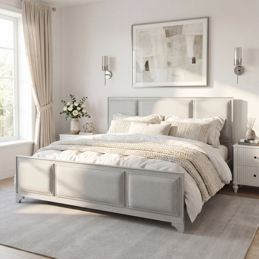 English Elm King Platform Bed Whitewashed Solid Wood Upholstered Headboard Modern Farmhouse N770PK426903A