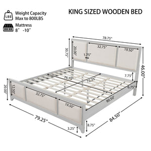 English Elm King Platform Bed Whitewashed Solid Wood Upholstered Headboard Modern Farmhouse N770PK426903A