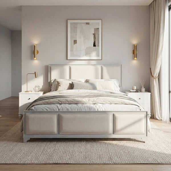 English Elm King Platform Bed Whitewashed Solid Wood Upholstered Headboard Modern Farmhouse N770PK426903A