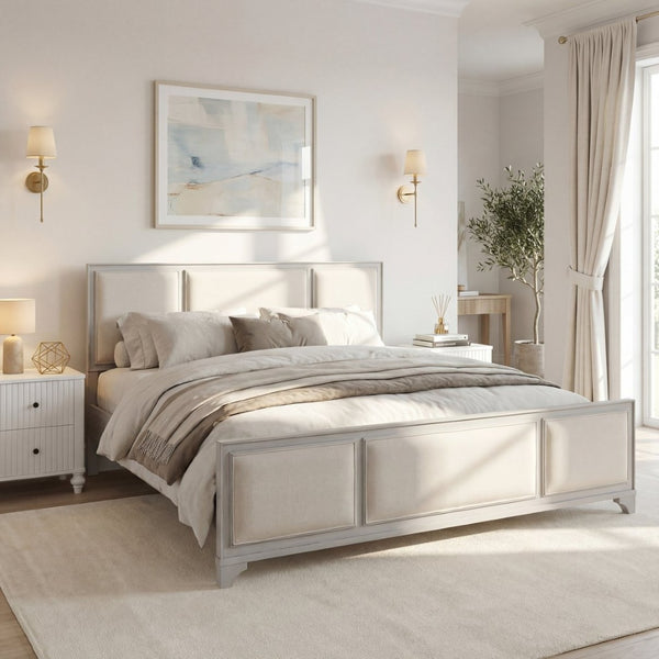 English Elm King Platform Bed Whitewashed Solid Wood Upholstered Headboard Modern Farmhouse N770PK426903A
