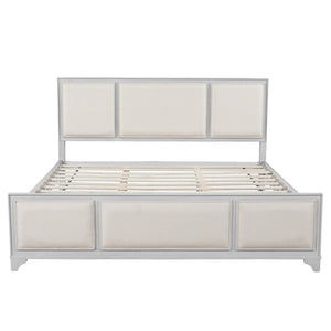 English Elm King Platform Bed Whitewashed Solid Wood Upholstered Headboard Modern Farmhouse N770PK426903A