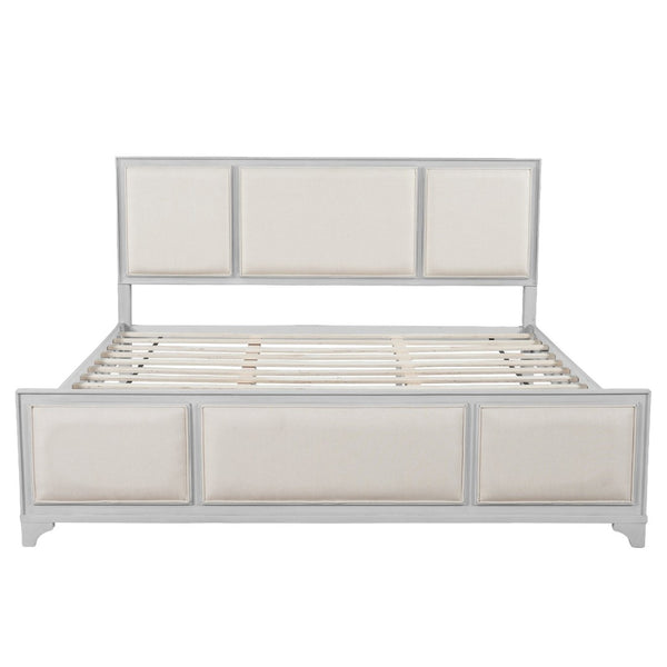 English Elm King Platform Bed Whitewashed Solid Wood Upholstered Headboard Modern Farmhouse N770PK426903A
