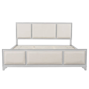 English Elm King Platform Bed Whitewashed Solid Wood Upholstered Headboard Modern Farmhouse N770PK426903A