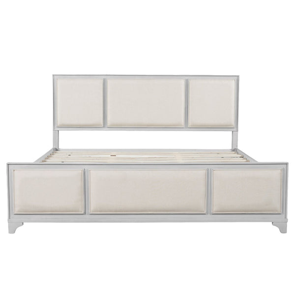 English Elm King Platform Bed Whitewashed Solid Wood Upholstered Headboard Modern Farmhouse N770PK426903A