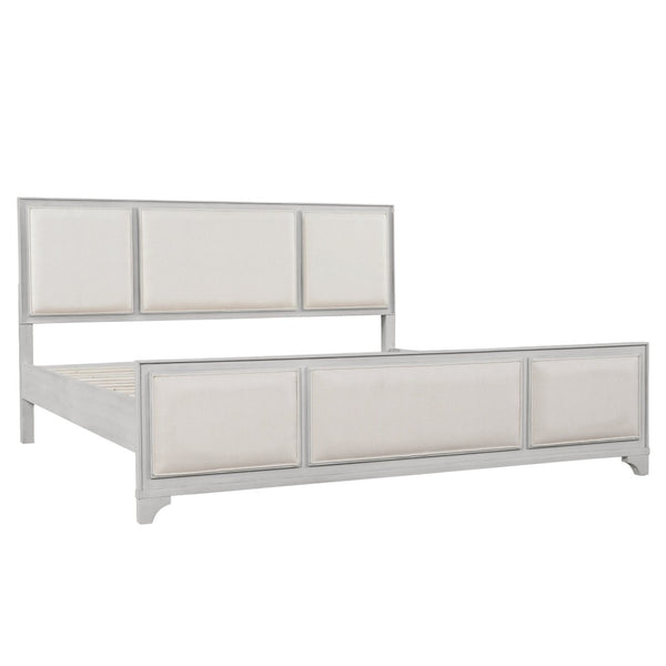English Elm King Platform Bed Whitewashed Solid Wood Upholstered Headboard Modern Farmhouse N770PK426903A