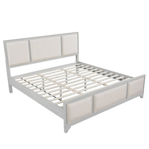 English Elm King Platform Bed Whitewashed Solid Wood Upholstered Headboard Modern Farmhouse N770PK426903A