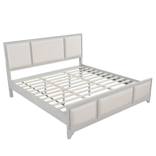 English Elm King Platform Bed Whitewashed Solid Wood Upholstered Headboard Modern Farmhouse N770PK426903A