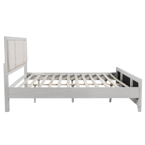 English Elm King Platform Bed Whitewashed Solid Wood Upholstered Headboard Modern Farmhouse N770PK426903A