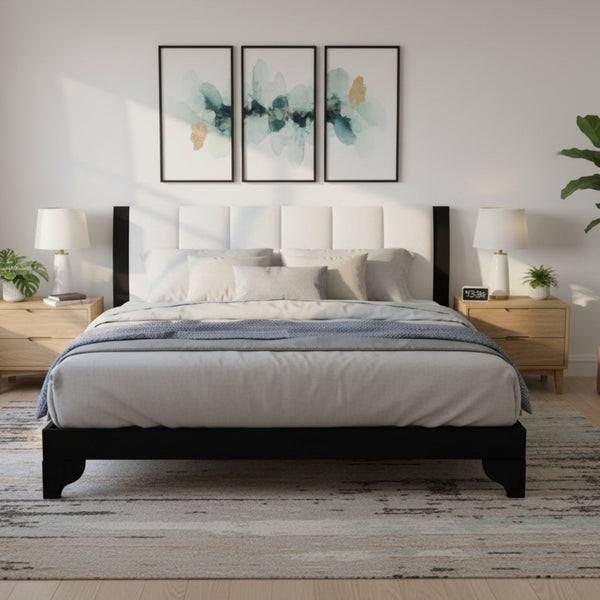 English Elm Queen Platform Bed Two-tone White Upholstered Headboard Pine Frame Modern Bedroom N770PQ345993B