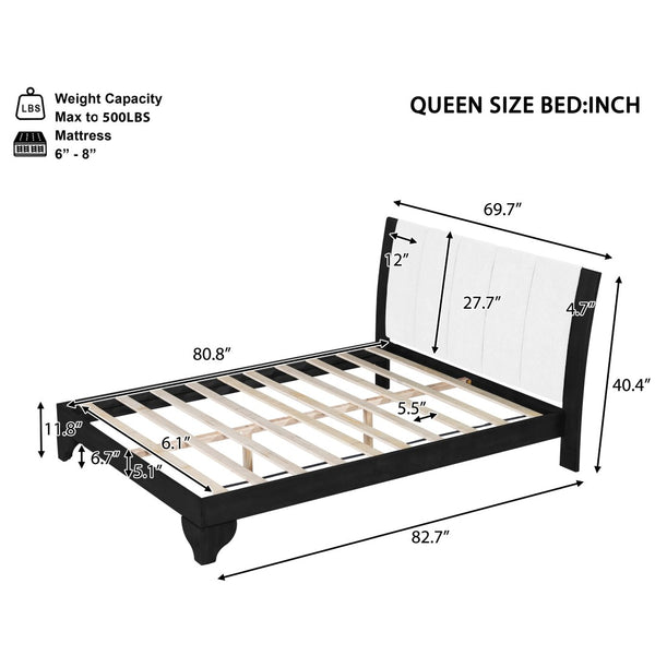 English Elm Queen Platform Bed Two-tone White Upholstered Headboard Pine Frame Modern Bedroom N770PQ345993B