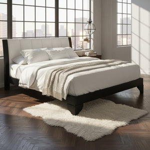 English Elm Queen Platform Bed Two-tone White Upholstered Headboard Pine Frame Modern Bedroom N770PQ345993B