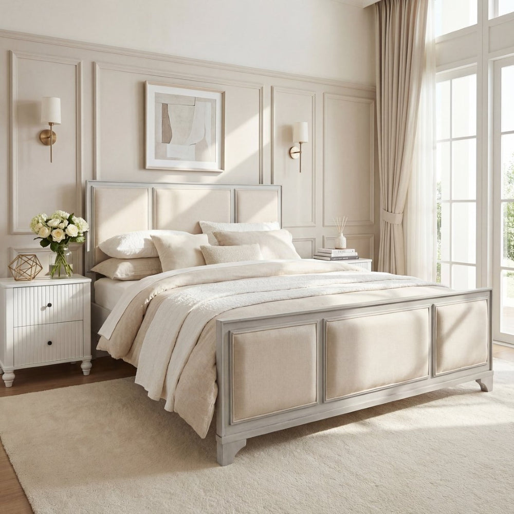 English Elm Queen Platform Bed Whitewashed Wood Beige Upholstered Headboard Modern Farmhouse Frame N770PQ426874A