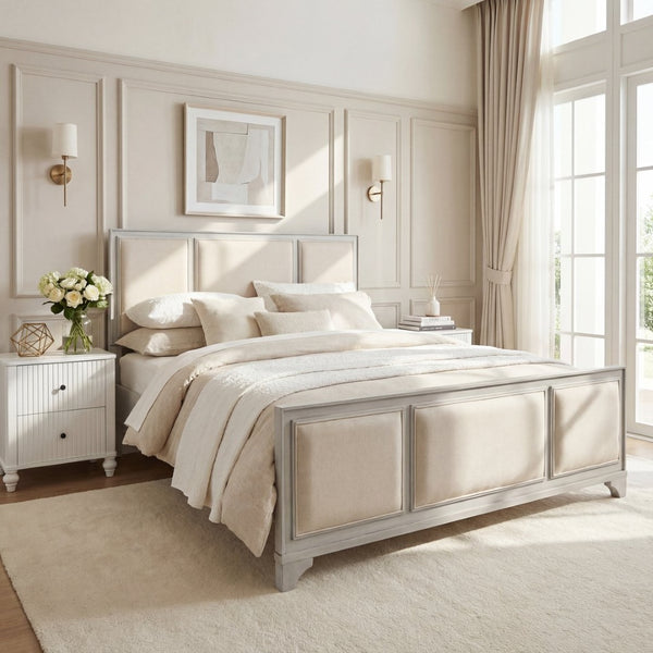 English Elm Queen Platform Bed Whitewashed Wood Beige Upholstered Headboard Modern Farmhouse Frame N770PQ426874A