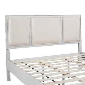 English Elm Queen Platform Bed Whitewashed Wood Beige Upholstered Headboard Modern Farmhouse Frame N770PQ426874A