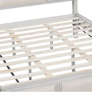 English Elm Queen Platform Bed Whitewashed Wood Beige Upholstered Headboard Modern Farmhouse Frame N770PQ426874A